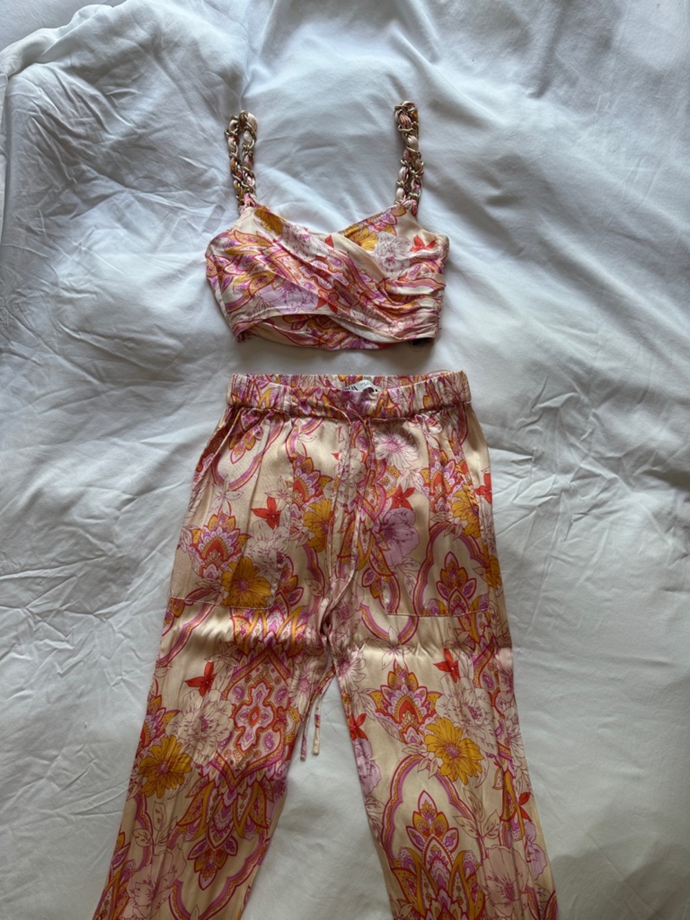 Zara Pink & Yellow Floral Satin Crop Top and Jogger Set